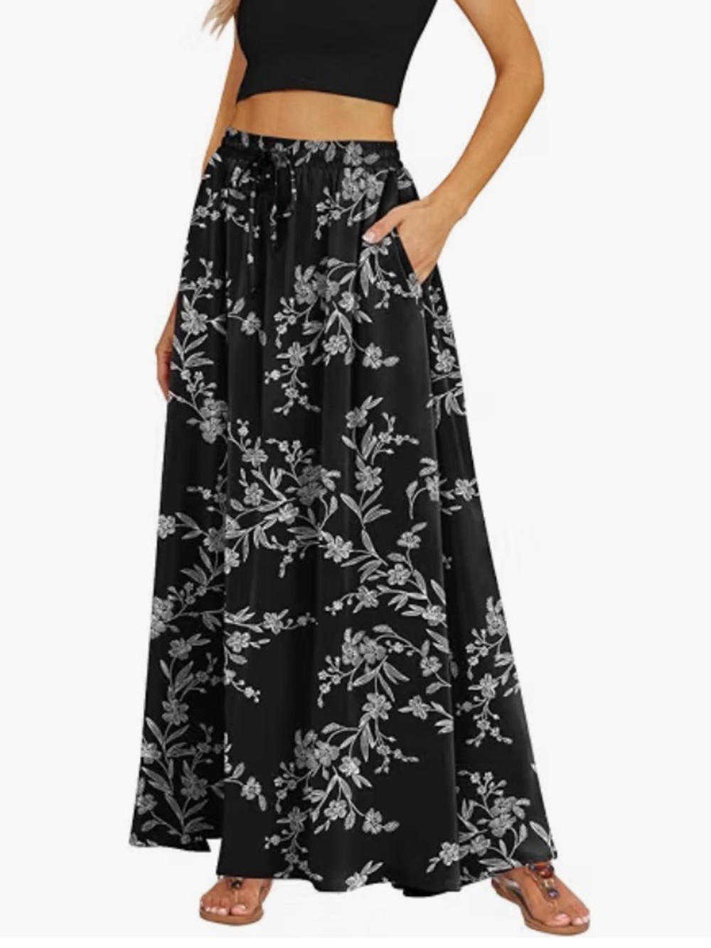 Black Floral Maxi Skirt with Elastic Waist